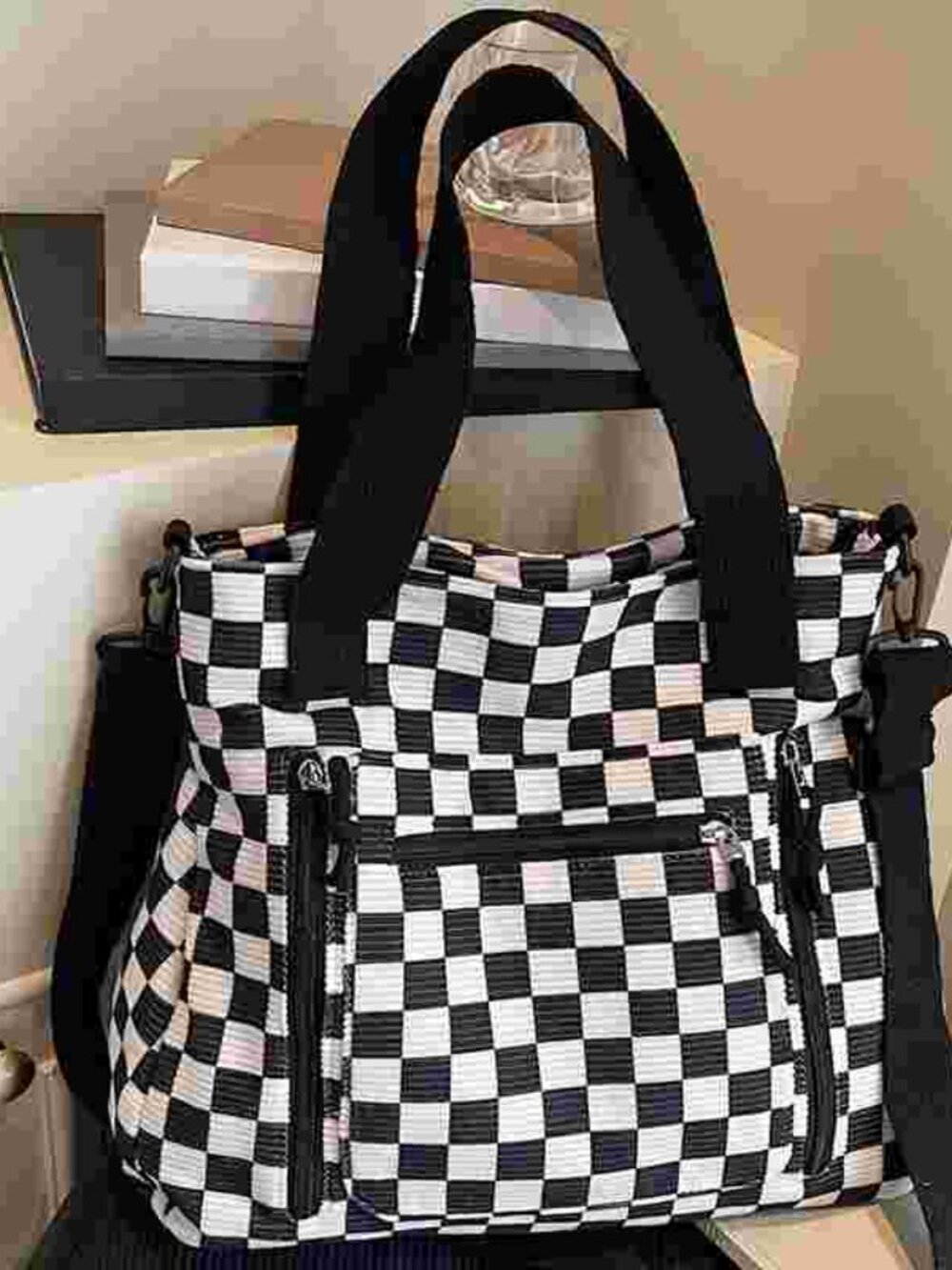 Checkerboard Corduroy Tote Bag Versatile Large Capacity Shoulder Crossbody - Picture 9 of 9